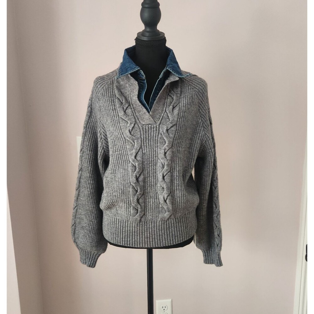 NWT COMMENSE Denim Collar Layered Sweater Grey Knit Sweater Medium-oversized fit